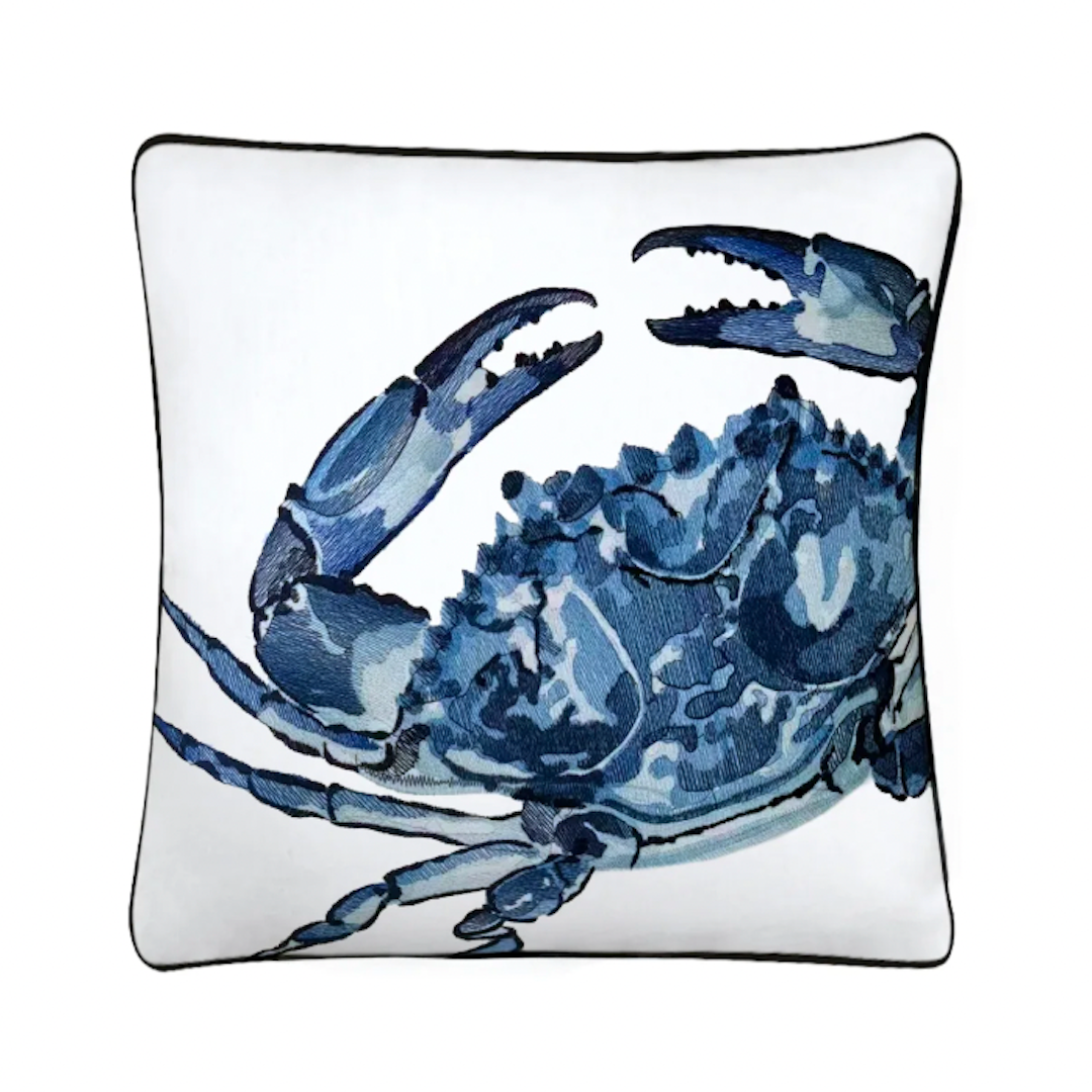 Blue Crab Embroidered Pillow Cover - Square