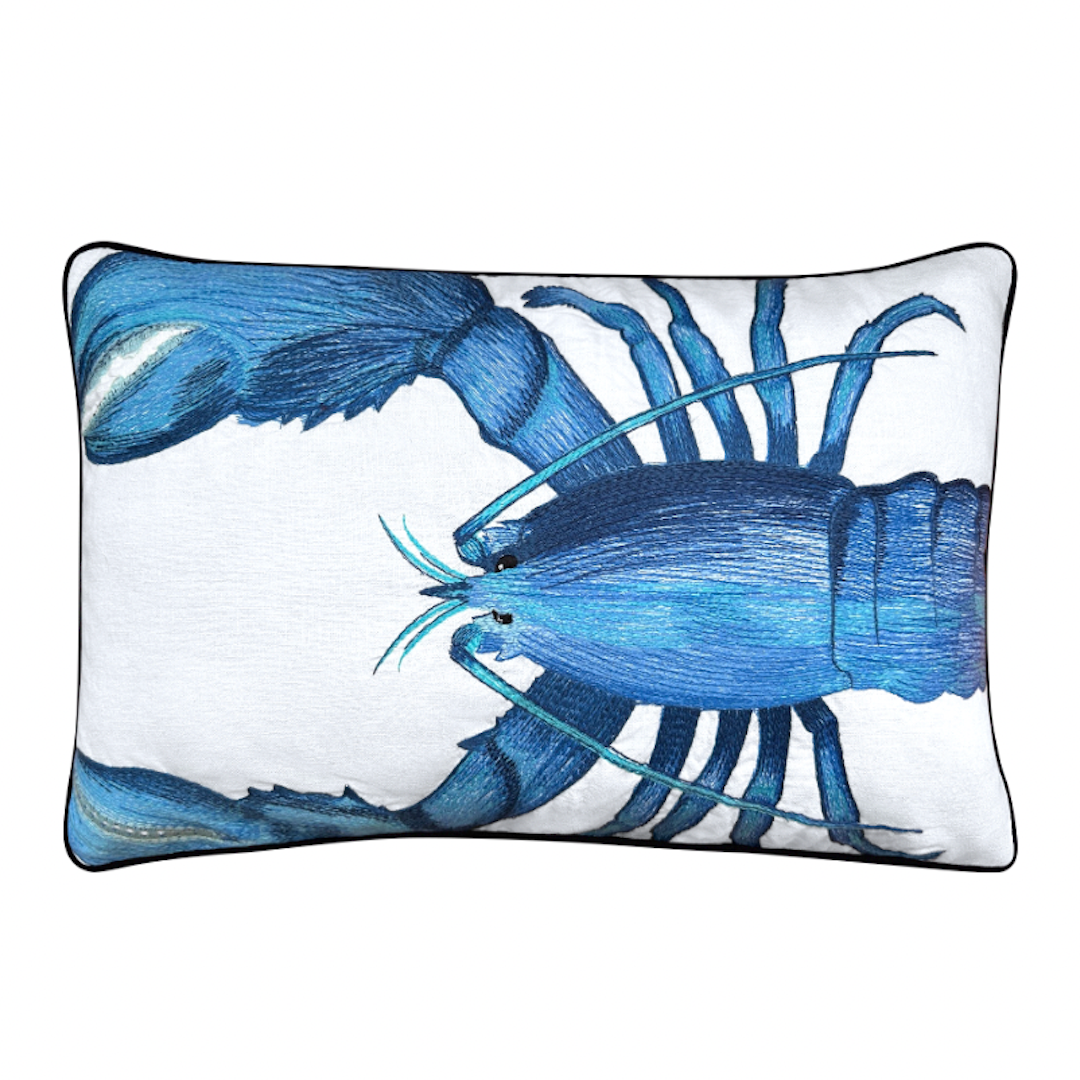 Blue Lobster Embroidered Pillow Cover