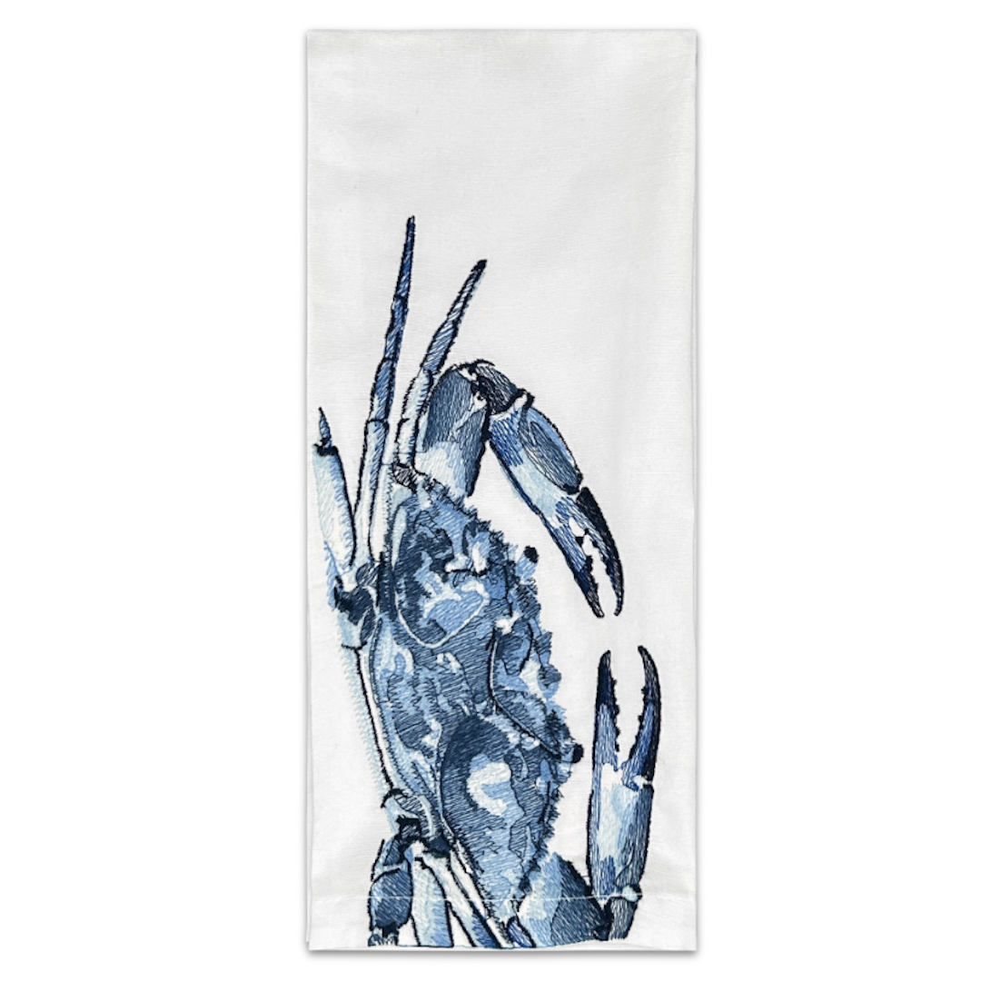 Blue Crab Embroidered Tea Towel