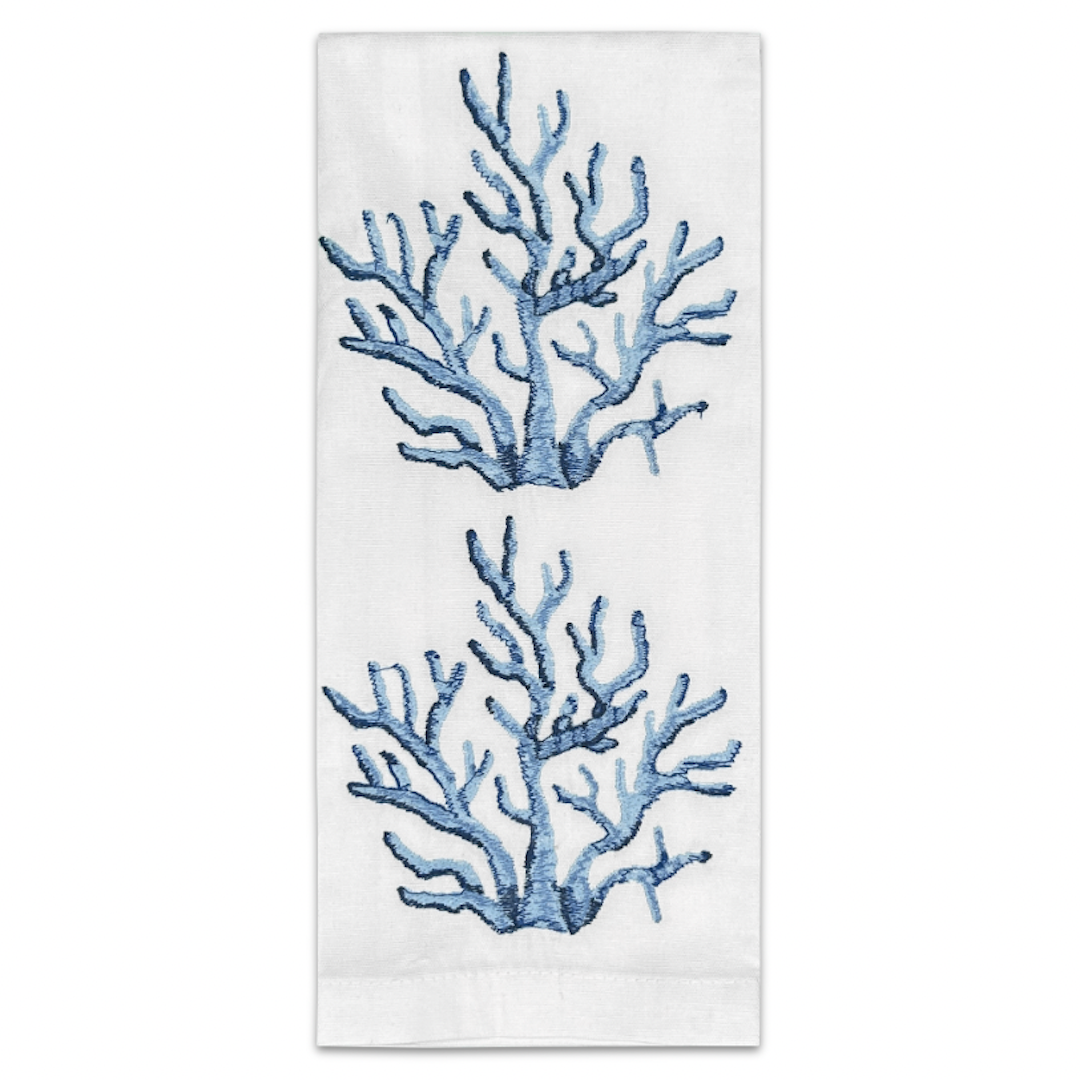 Coral Embroidered Tea Towel