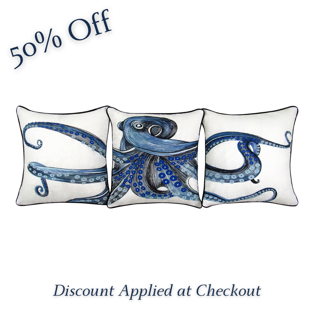 Octopus 3 Piece Embroidered Pillow Cover Set