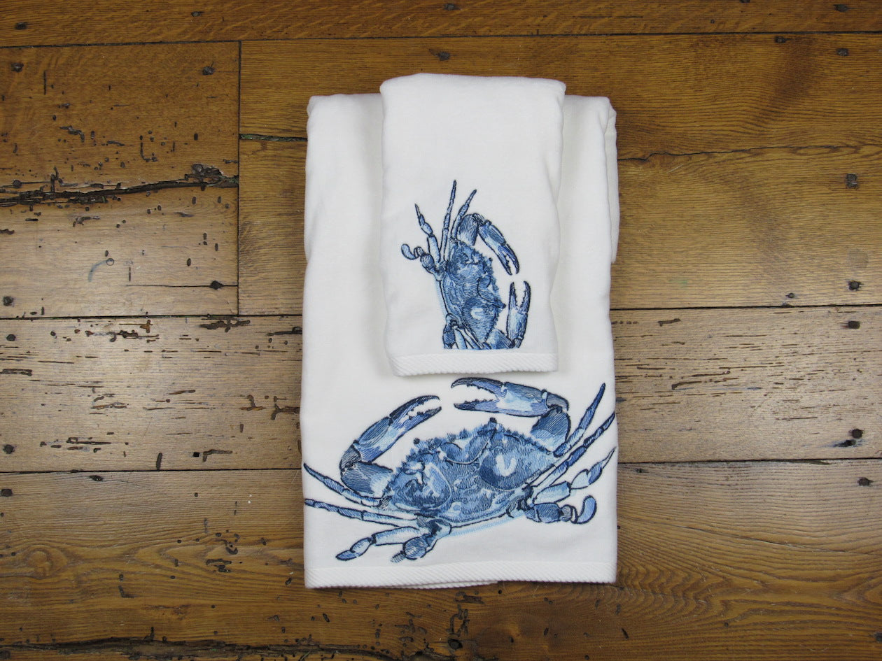 Blue Crab Embroidered Guest Towel Set