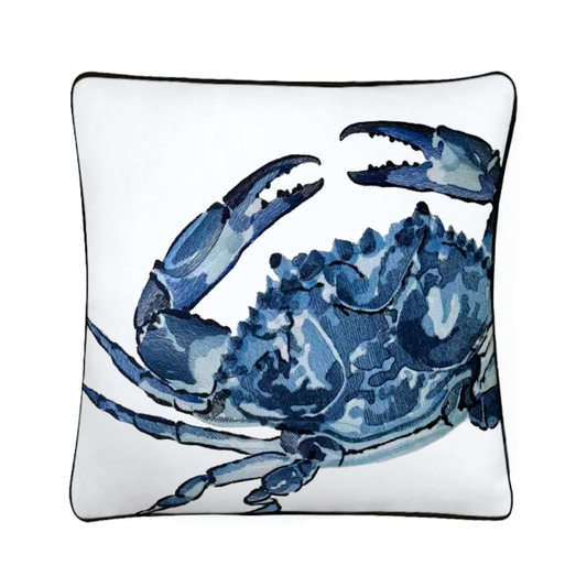 Blue Crab Embroidered Pillow Cover - Square