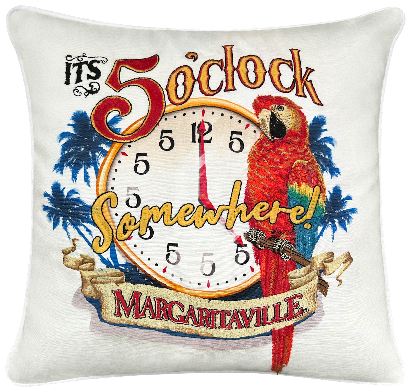 It's 5 O'Clock Somewhere Parrot Embroidered Pillow Cover
