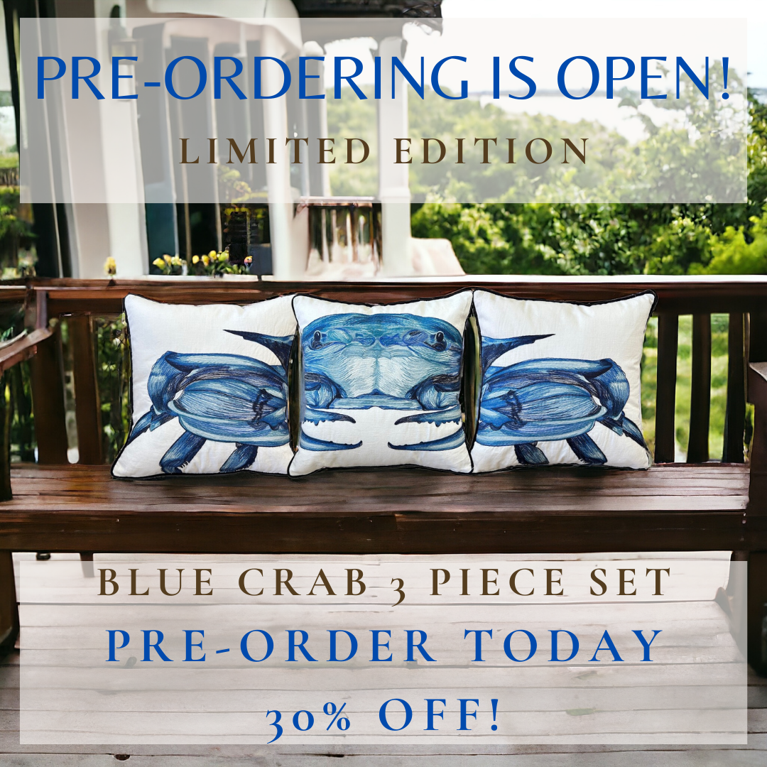 Blue Crab 3 Piece Embroidered Pillow Cover Set
